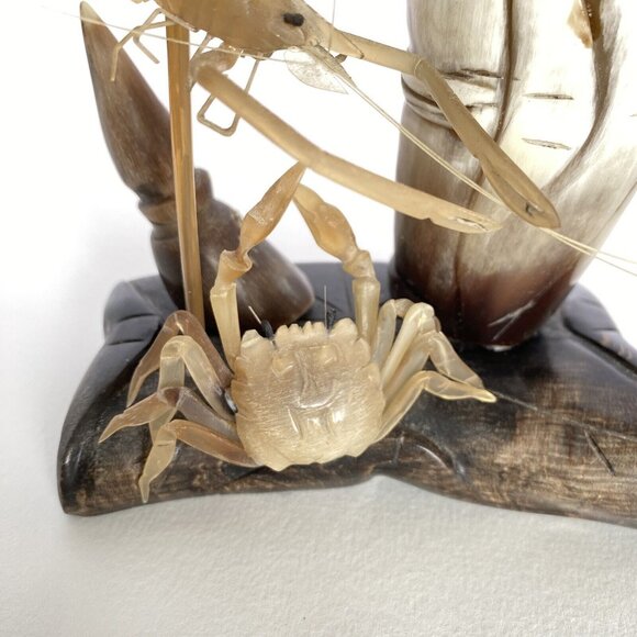 Crab Shrimp Lotus Hand Carved Animal Horn Sculpture Pen Holder Vintage Desk Set - Picture 3 of 16